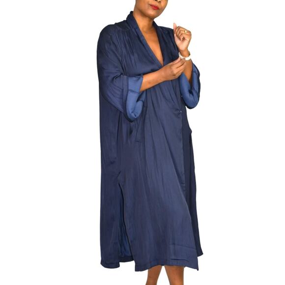 Mable Blazer Dress Blue Navy Satin Silky Oversized Side Slits Baggy Size Medium - Picture 15 of 16